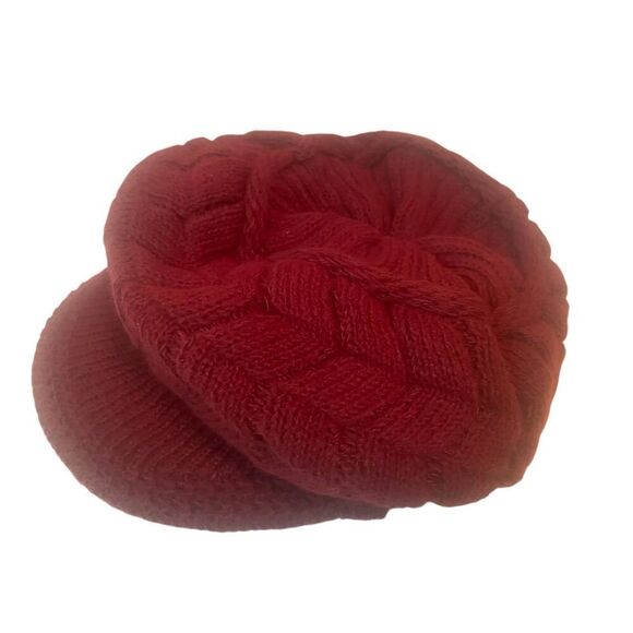 Burgundy Braided Knit Beanie With Visor Brim Warm Winter Hat - Picture 3 of 7